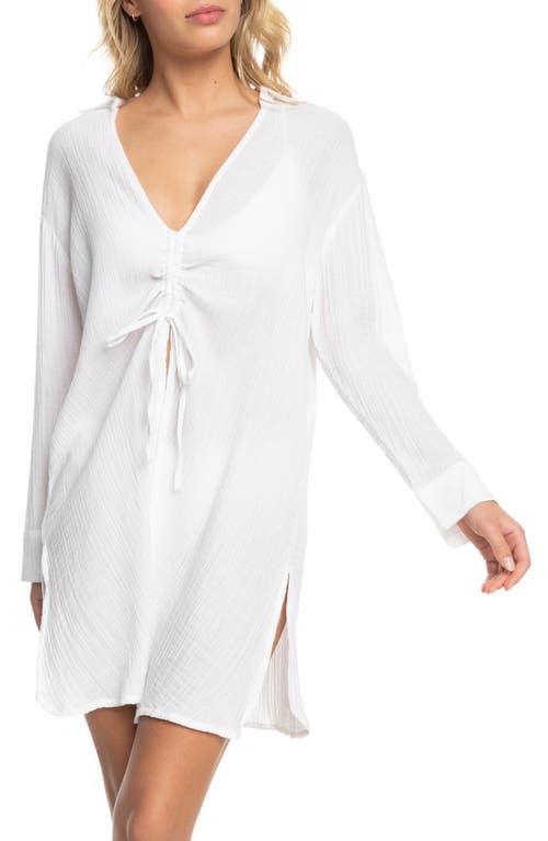 Roxy Sun & Limonade Ruched Long Sleeve Cover-Up Dress in Bright White at Nordstrom, Size X-Small