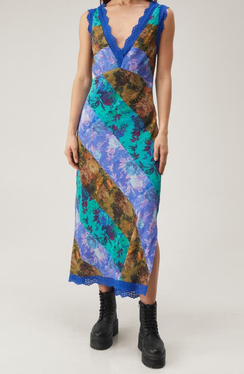 NASTY GAL Mixed Floral Print Lace Trim Midi Dress Blue at Nordstrom,