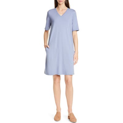 Petite Eileen Fisher Stretch Cotton A-Line Dress, Blue