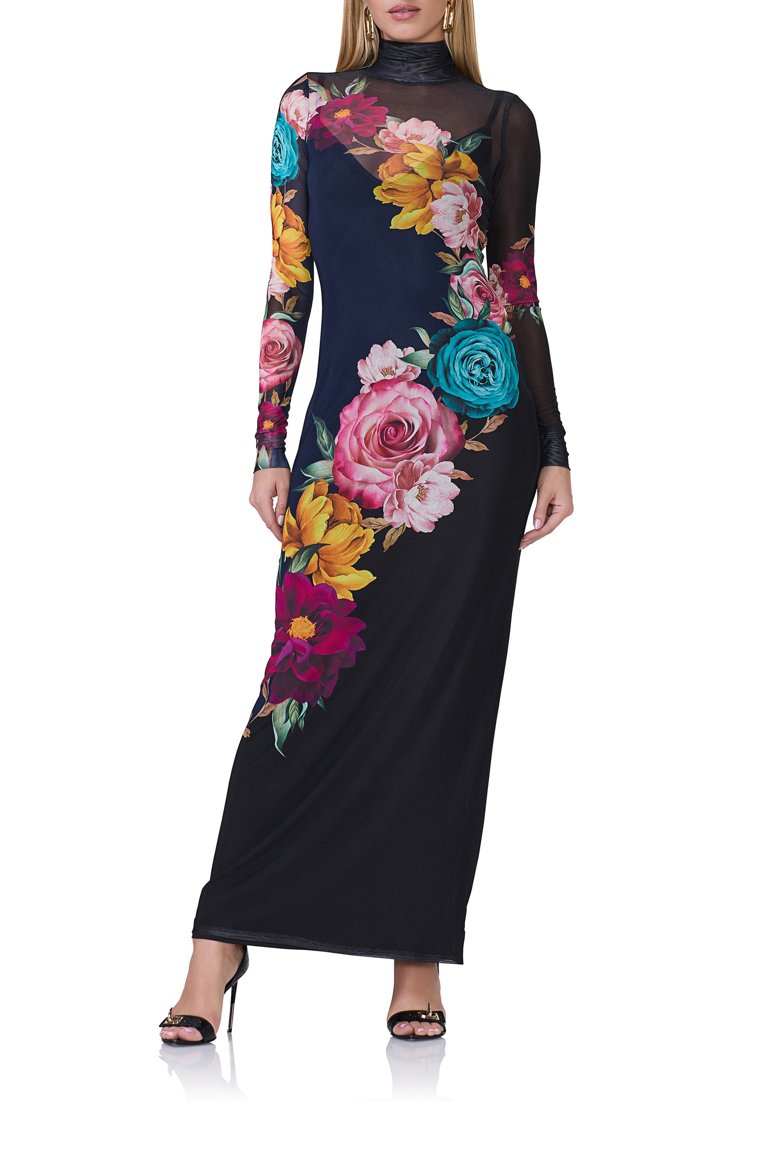 AFRM Billie Floral Print Long Sleeve Mesh Maxi Dress in Navy Block Floral 