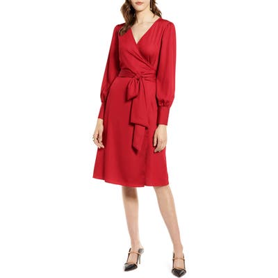 Halogen Long Sleeve Wrap Dress, Red