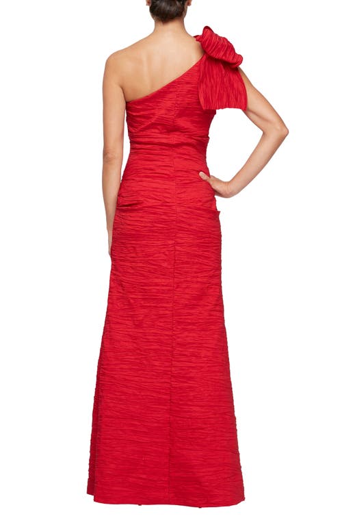 Alex Evenings Bow Detail One-shoulder Ruched Satin Gown In Red