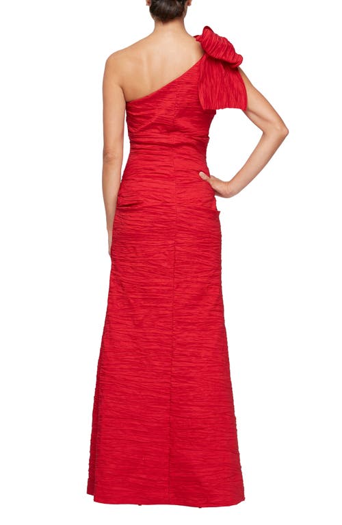 Shop Alex Evenings Bow Detail One-shoulder Ruched Satin Gown In Red