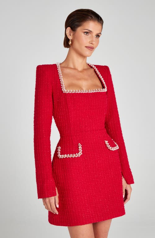 Shop Nadine Merabi Natalie Bead Detail Long Sleeve Tweed Cocktail Minidress In Red