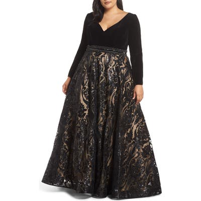Plus Size MAC Duggal Velvet & Sequin Jacquard Ballgown