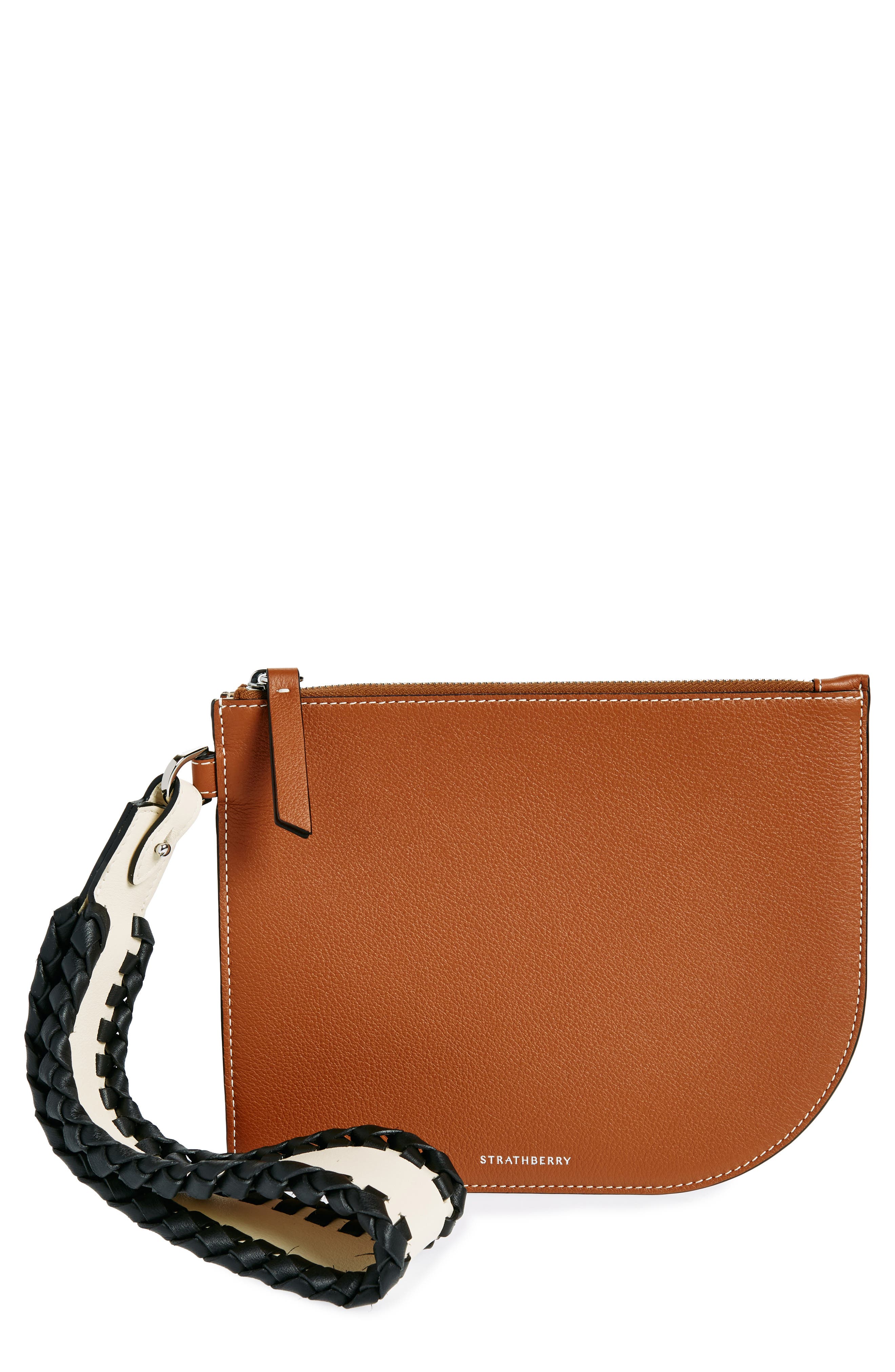 Strathberry X Collagerie Leather Wristlet Pouch In Chestnut/vanilla/black