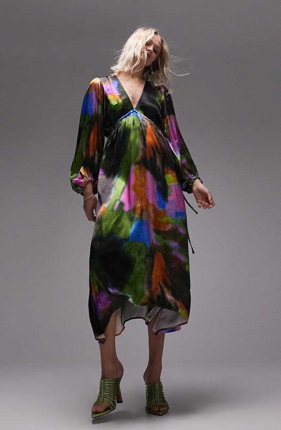 knee length dresses for ladies Purple Tie Dye Print High Neck Long Sleeve Ruched Midi Dress – AX Paris main image 0