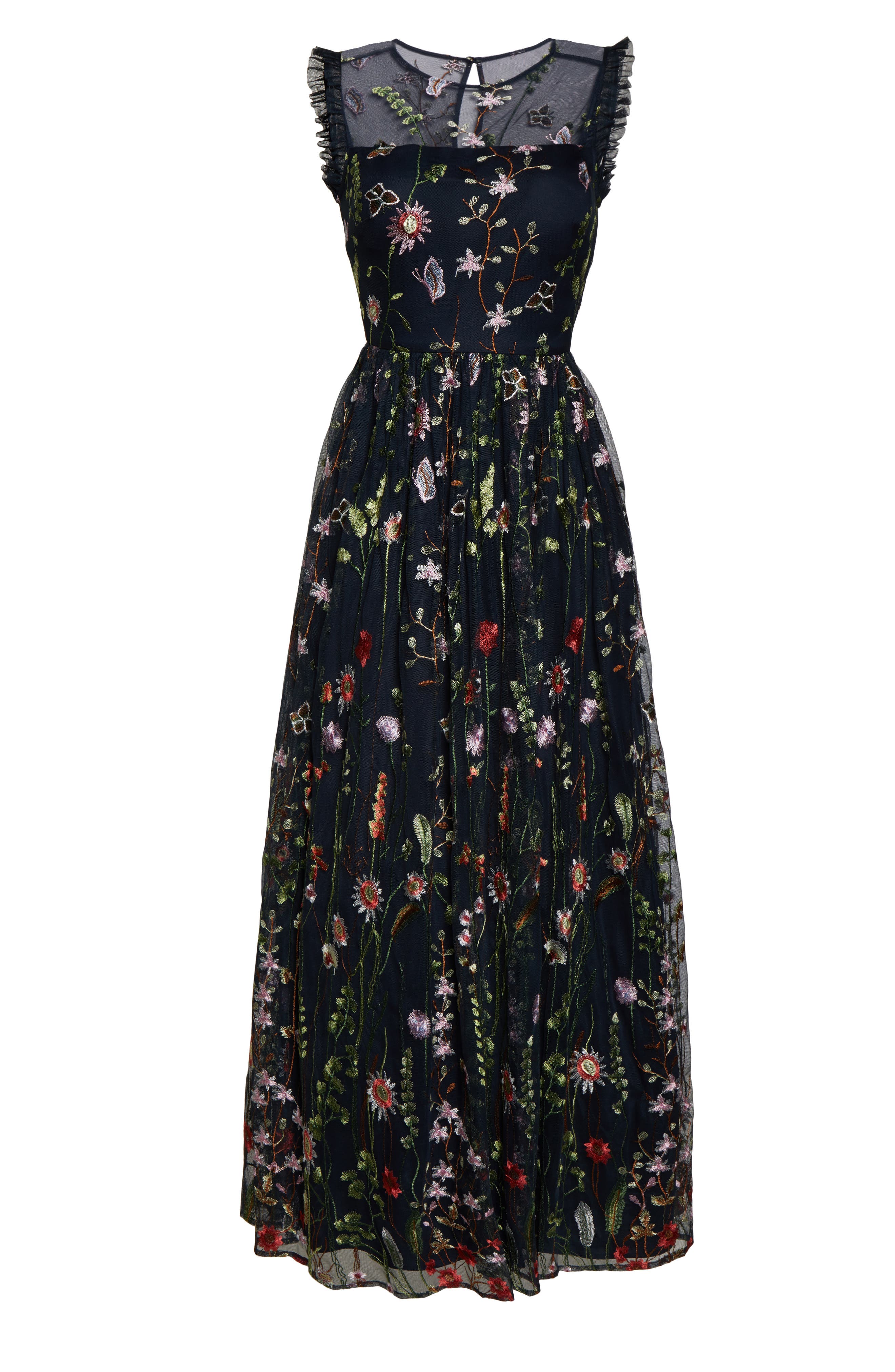 morgan & co embroidered mesh evening dress