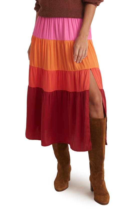 Marine Layer Colorblock Tiered Midi Skirt In Fuschia Colorblock