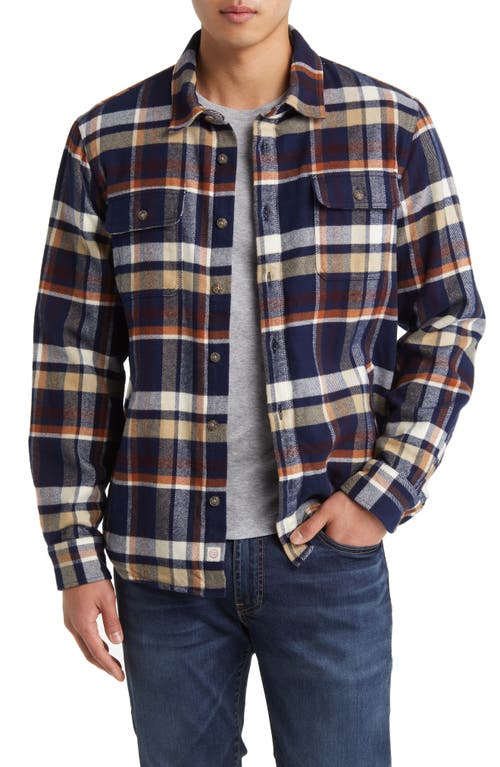 Signature Plaid Flannel Lined Button-Up Camping Shirt in Navy/Brown Plaid