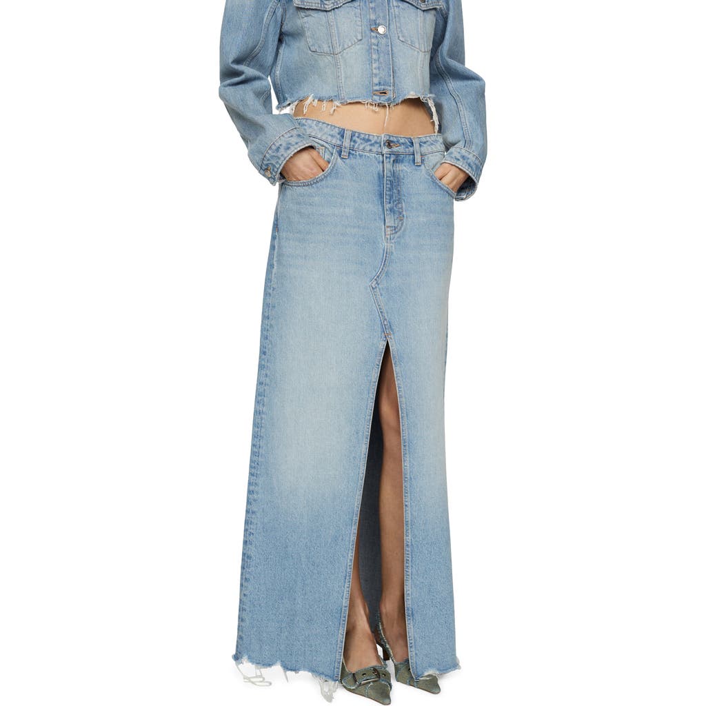 Shop Mango Frayed Denim Maxi Skirt In Medium Blue