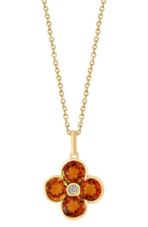14K Yellow Gold Semiprecious Stone & Diamond Flower Pendant Necklace - 0.02ct.