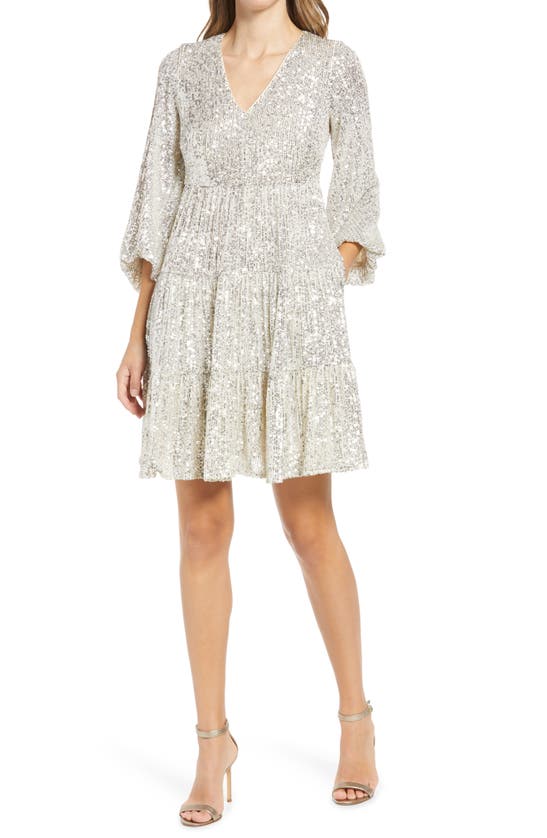 Eliza J Balloon Sleeve Sequin Skater Dress In Silver Modesens