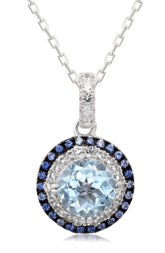 Suzy Levian Semiprecious Stone & White Topaz Double Halo Pendant Necklace In Blue