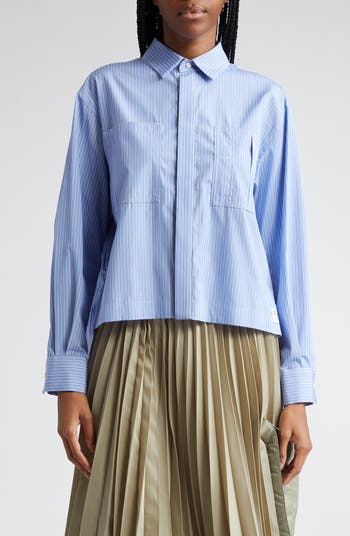 Sacai Thomas Mason Stripe Pleated Cotton Poplin Button-Up Shirt