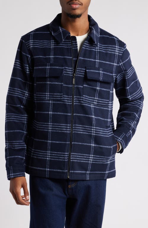 Shop Open Edit Plaid Flannel Zip-up Shirt Jacket In Navy- Grey Grid Plaid