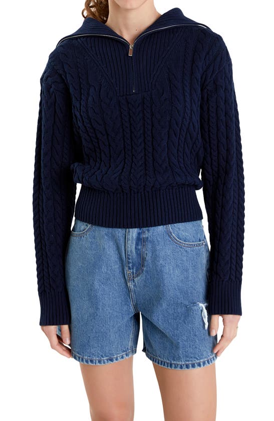 Shop English Factory Quarter Zip Cable Knit Cotton Sweater In Navy