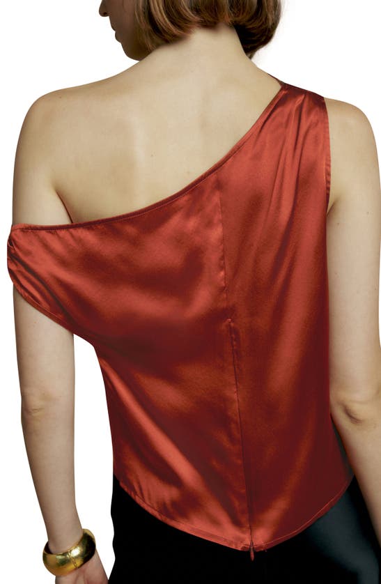 Reformation Annika Off-the-shoulder Draped Silk-charmeuse Top In Oxide