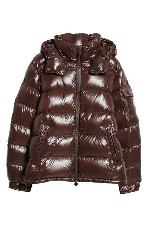 Shop Moncler Maya Lacquered Nylon Down Jacket In Dark Brown