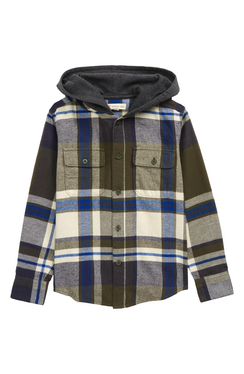 TUCKER + TATE Kids' Hooded Button-Up Shirt, Main, color, OLIVE SARMA POP PLAID