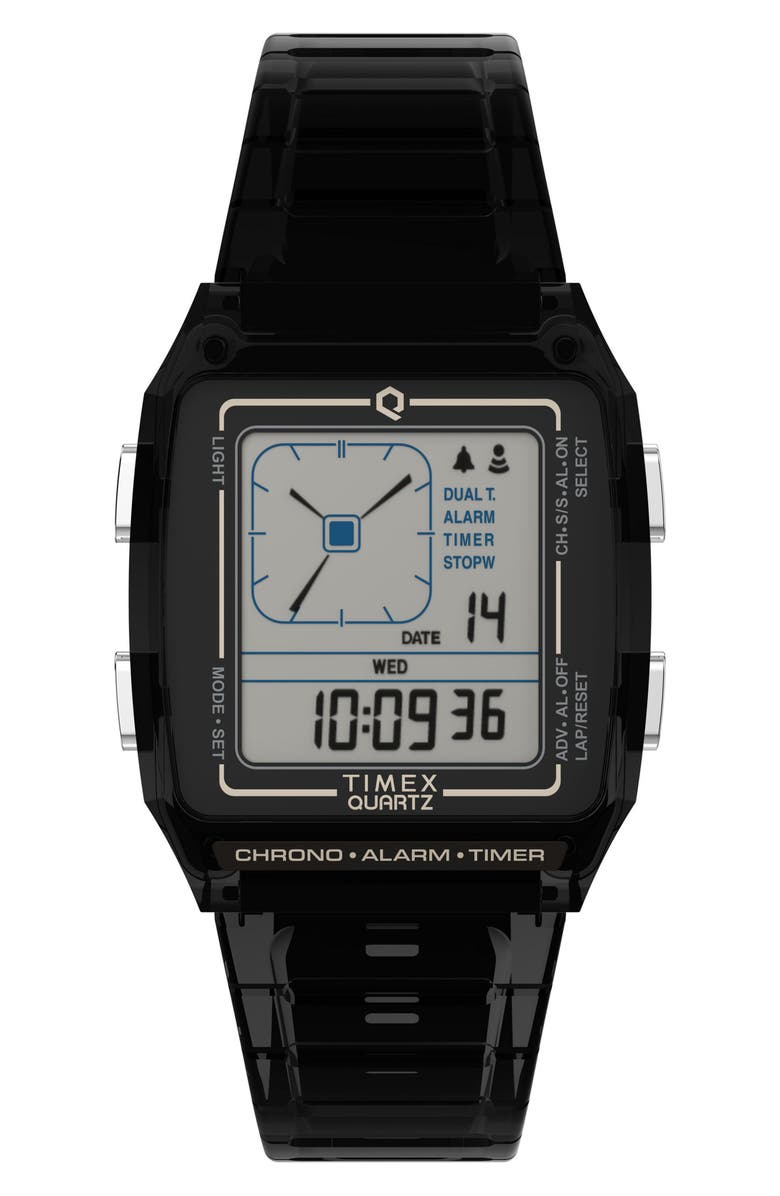 Timex<sup>®</sup> Q Timex Digital LCA Chronograph Resin Strap Watch, 35mm, Main, color, Gray