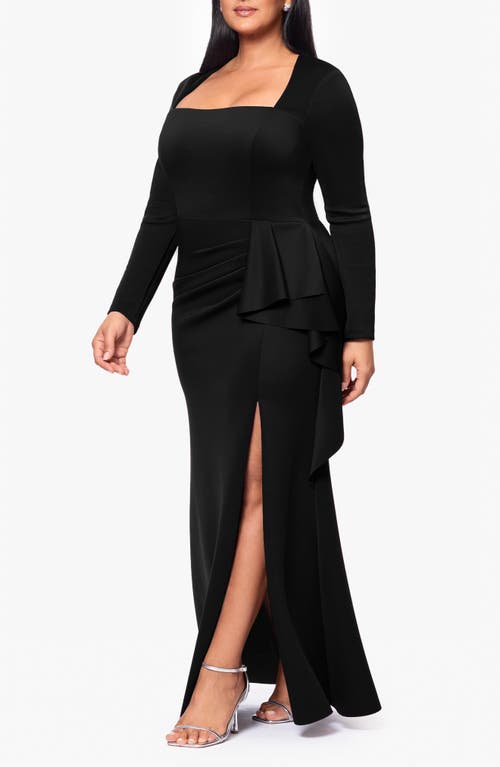 Xscape Evenings Side Ruffle Long Sleeve Scuba Gown In Black