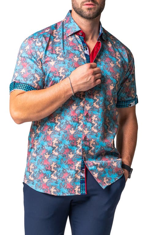 Maceoo Galileo Journ Short Sleeve Cotton Button-Up Shirt Blue Multi at Nordstrom,