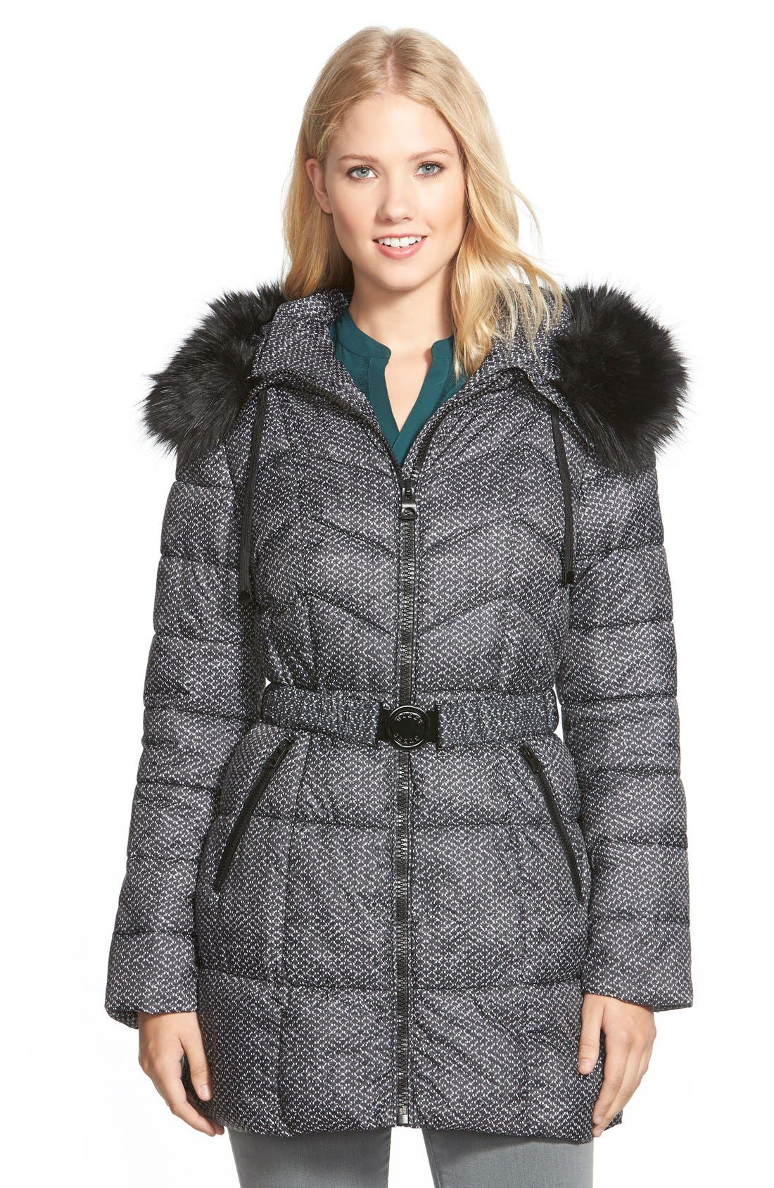 GUESS Faux Fur Trim Print Belted Quilted Coat Nordstrom