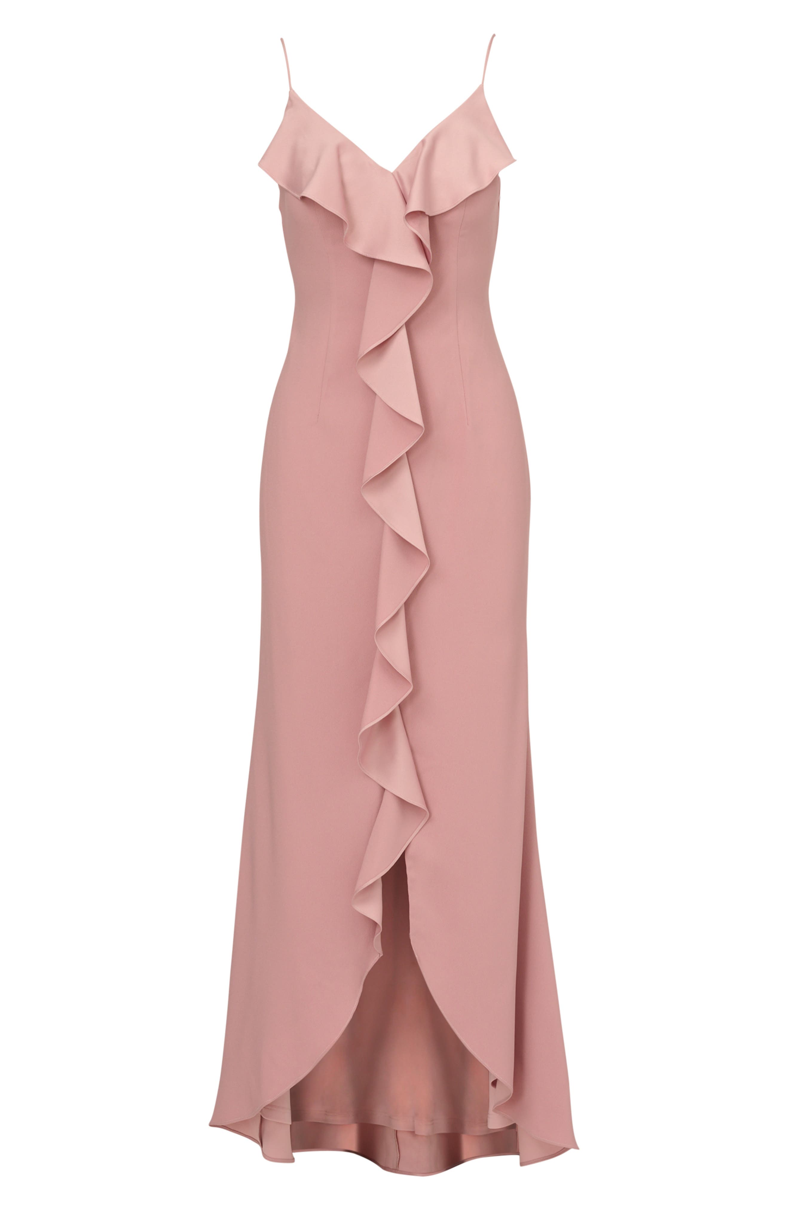 Adrianna Papell Ruffle Front Crepe Back Satin Gown in Steel Rose