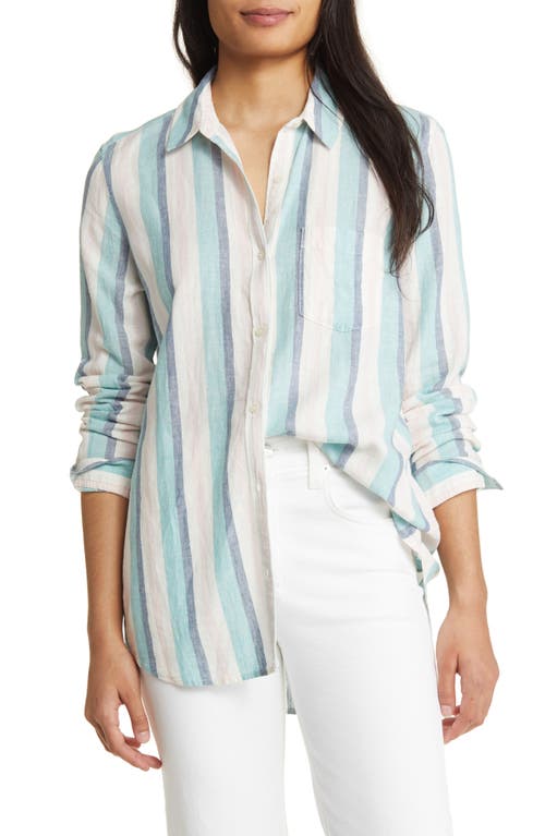 caslon(r) Casual Linen Blend Button-Up Shirt in Teal Shore Napa Stripe