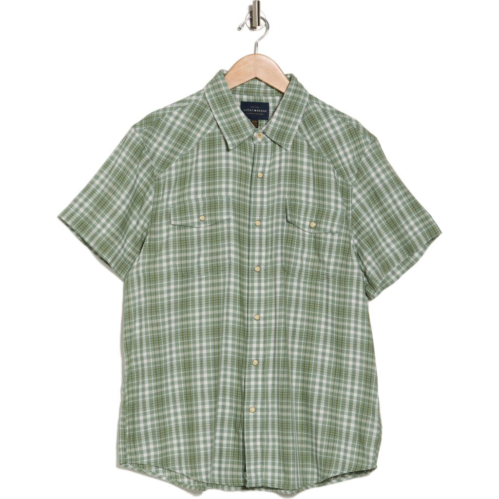 Lucky Brand Western Herringbone Short Sleeve Snap Front Shirt In Green