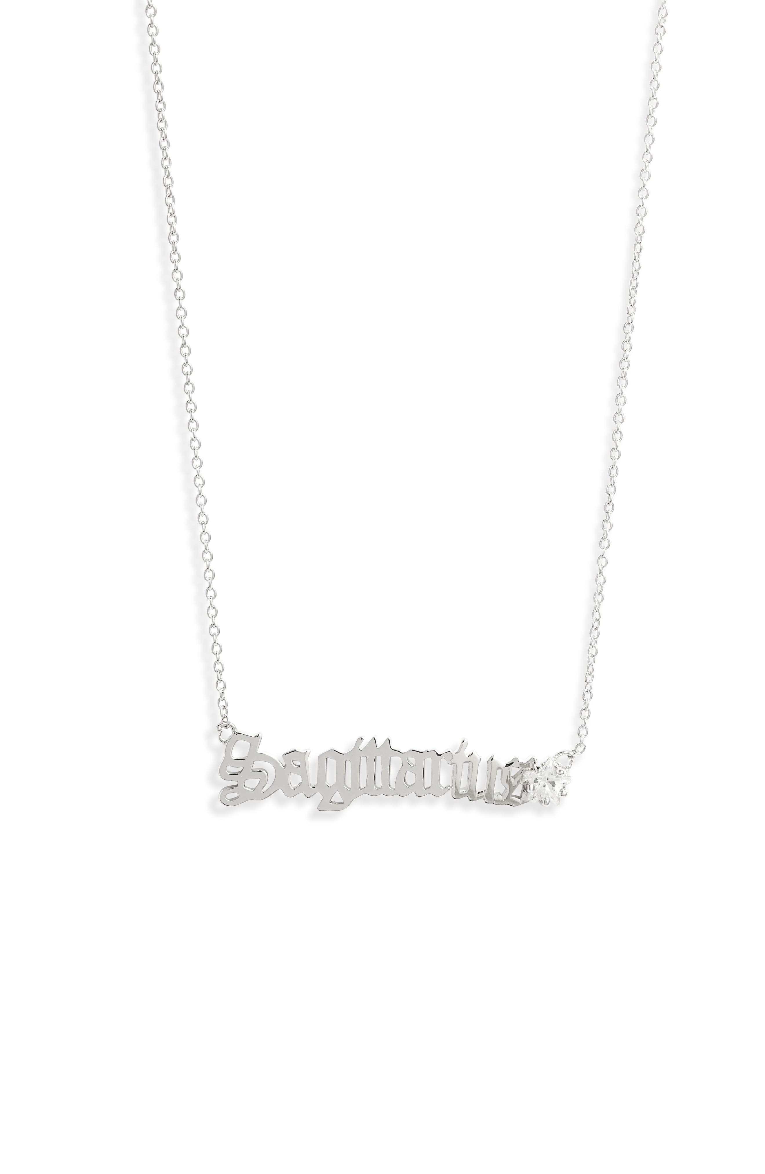 Melinda Maria Zodiac Script Pendant Necklace In Silver- Sagittarius
