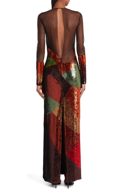 Shop Tom Ford Long Sleeve Sequin & Mesh Gown In Black/burgundy Multicolor