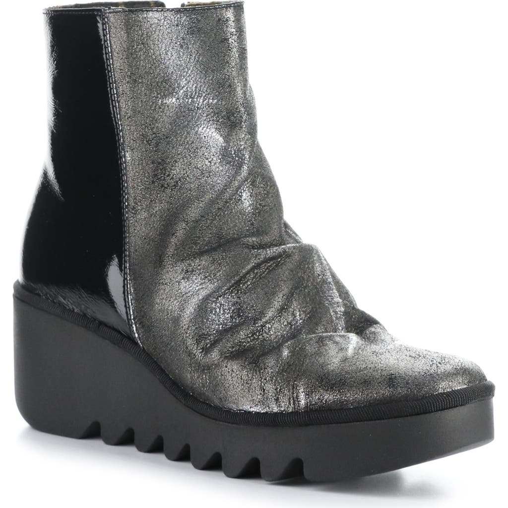 Fly London Baan Platform Wedge Bootie In 006 Silver/black Dk