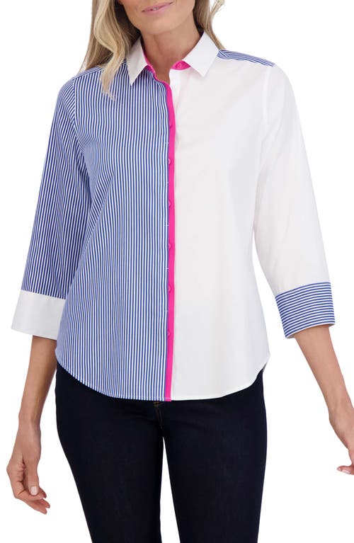 Foxcroft Charlie Colorblock Cotton Blend Button-Up Shirt Blue Wht Stripe at Nordstrom,