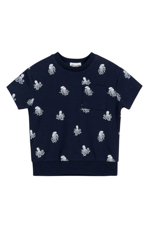 MILES BABY Kids' Octopus Print Short Sleeve Organic Cotton Pocket Sweatshirt Navy at Nordstrom,