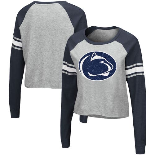 Women's Colosseum Heathered Gray/Navy Penn State Nittany Lions Decoder Pin Raglan Long Sleeve T-Shirt in Heather Gray