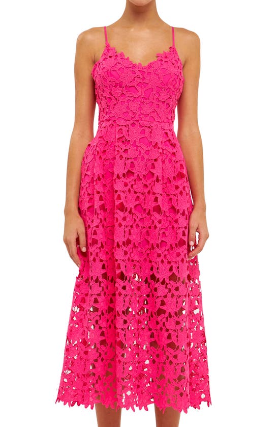 Shop Endless Rose Lace Spaghetti Strap Midi Dress In Fuchsia