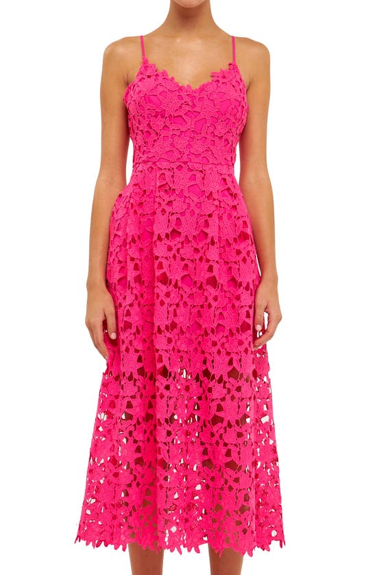 Endless Rose Lace Spaghetti Strap Midi Dress In Fuchsia