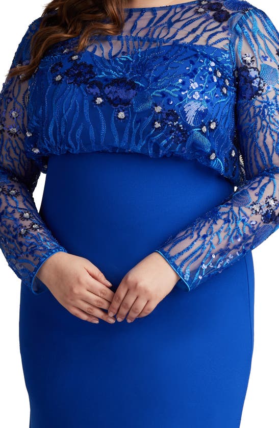 Tadashi Shoji Sequin Blouson Bodice Long Sleeve Gown In Mystic Blue