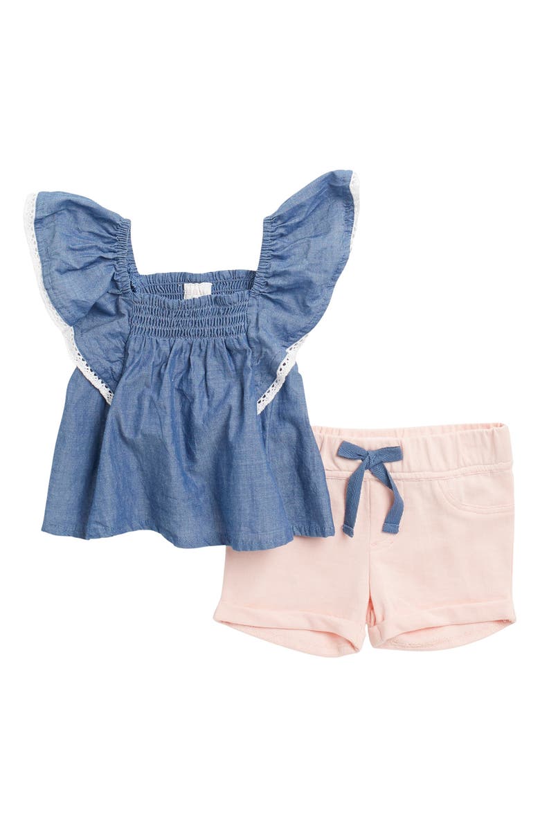 BCBGIRLS Ruffled Smocked Top & Shorts Set, Main, color, CHAMBRAY