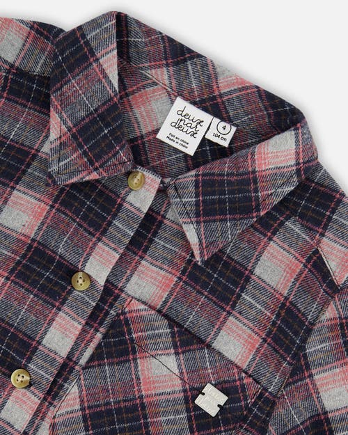 Deux Par Deux Girl's Long Sleeve Button Front Tunic Flannel Shirt Plaid Navy And Pink In Plaid Outdoor
