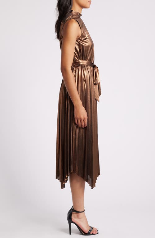 Shop Tahari Asl Pleated Satin Mock Neck Tie Waist Dress In Chocolate