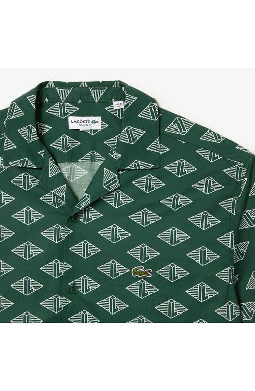 Shop Lacoste Relaxed Fit Logo Print Short Sleeve Button-up Camp Shirt In Green/flour