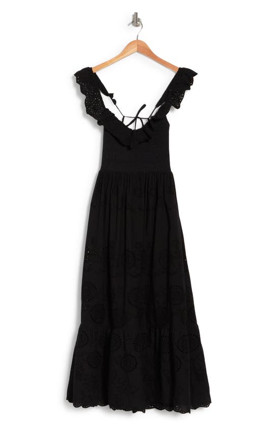 Astr Cottage Ruffle Embroidered Eyelet Cotton Sundress In Black