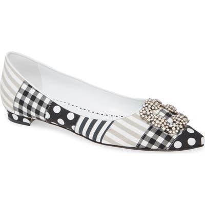 Manolo Blahnik Hangisi Patch Pointy Toe Flat, White