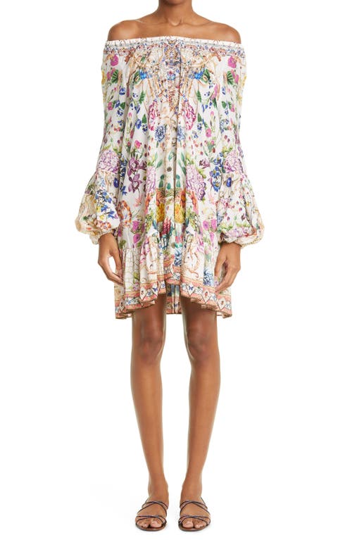 Camilla Floral Print Off the Shoulder Long Sleeve Silk Cover-Up Dress in Queens Bee Hive