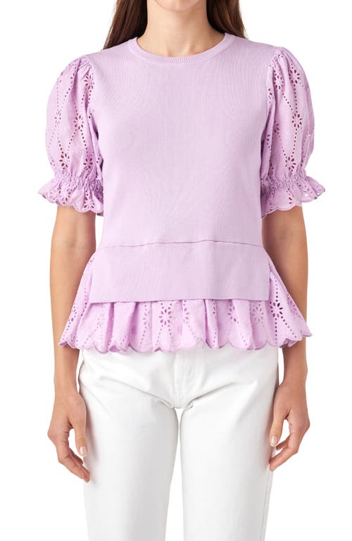 English Factory Mixed Media Eyelet Puff Sleeve Peplum Top at Nordstrom,