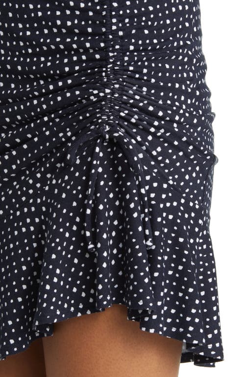 Shop Loveappella Spot Print Ruched Knit Miniskirt In Black/ivory