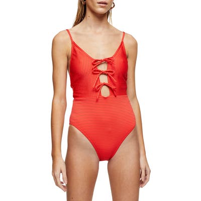 Topshop Tie Front Seersucker One-Piece Swimsuit, US (fits like 2-4) - Red